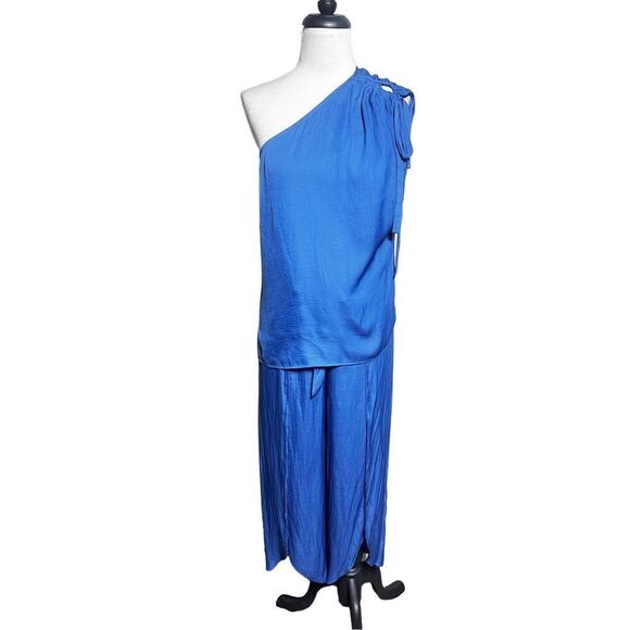 Halston Blue Silk Flowy One Shoulder Pant Set Side Slit Pants Sizes Small - Picture 1 of 9